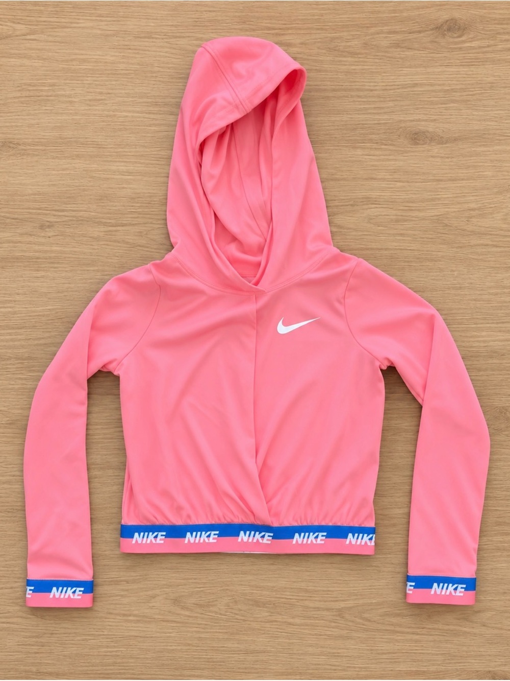 Nike Girls' Coral Pink Hooded shirt with Blue Logo Trim